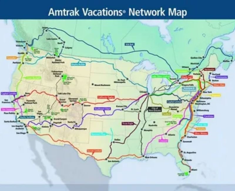 Map of popular train routes connecting United States and Canada