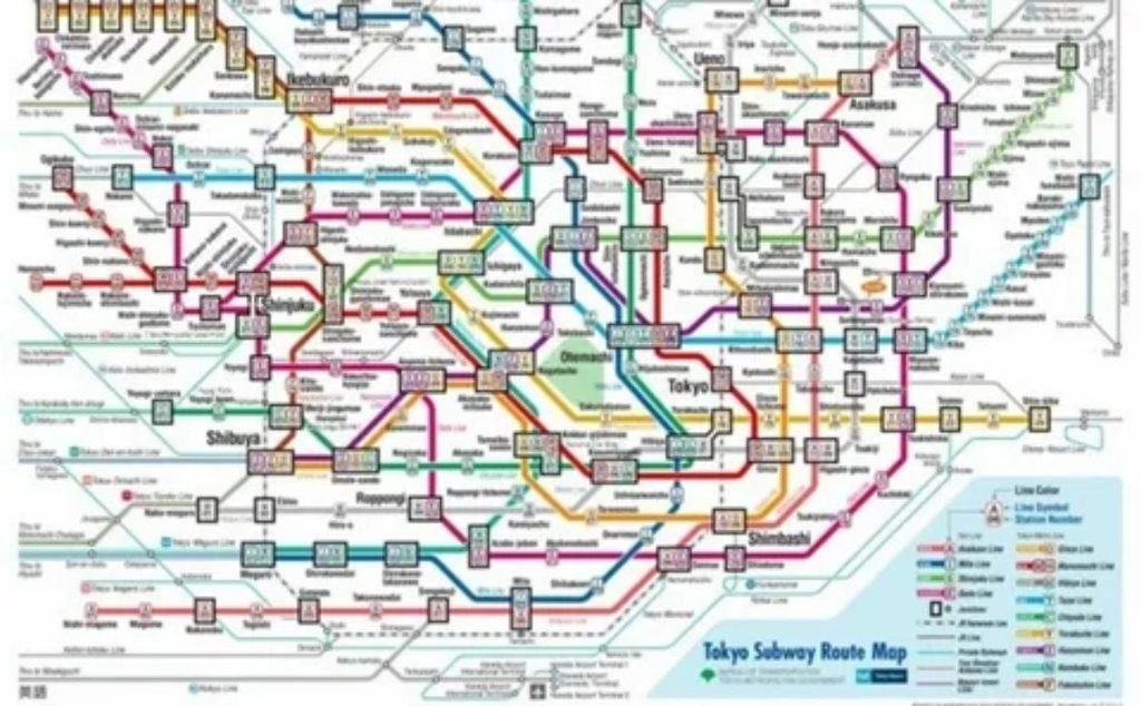 A detailed railway network map showing train routes, colorful lines, and station connections