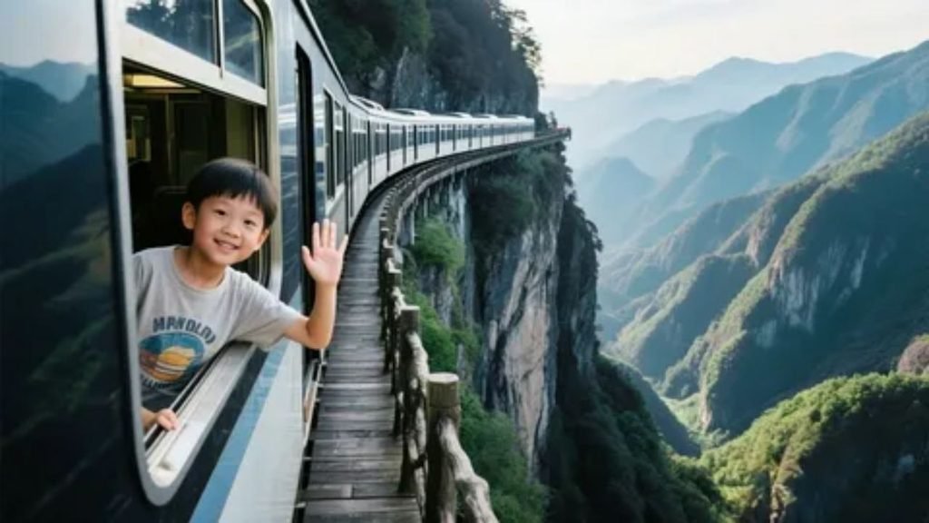 A long-distance passenger train traveling along a scenic mountain railway route