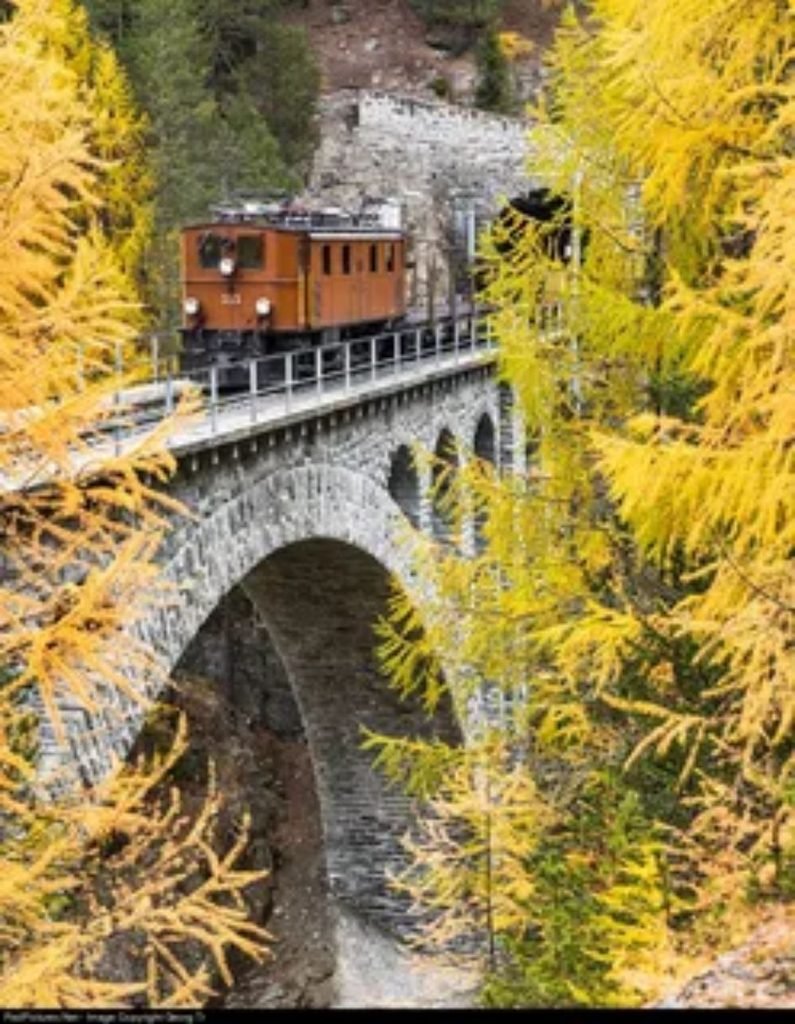 A scenic train crossing a bridge surrounded by colorful autumn foliage.