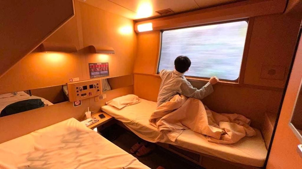 A passenger sitting by a train window enjoying scenic countryside views