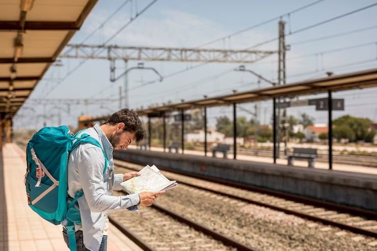 Traveler checking a train route map and schedule at a US railway station platform.