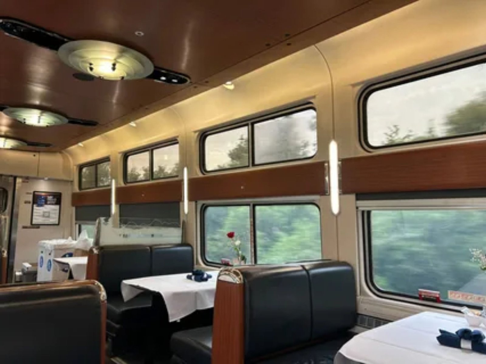 Amtrak dining car and café area interior offering food and drink services for travelers