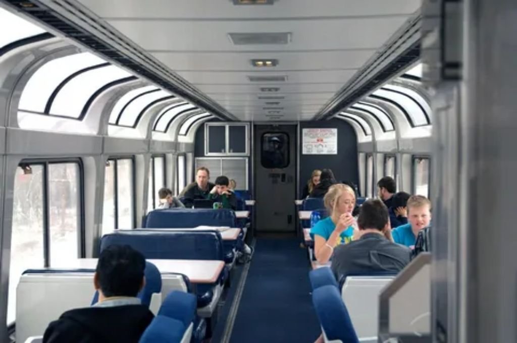 Compact onboard bathroom interior inside an Amtrak train car