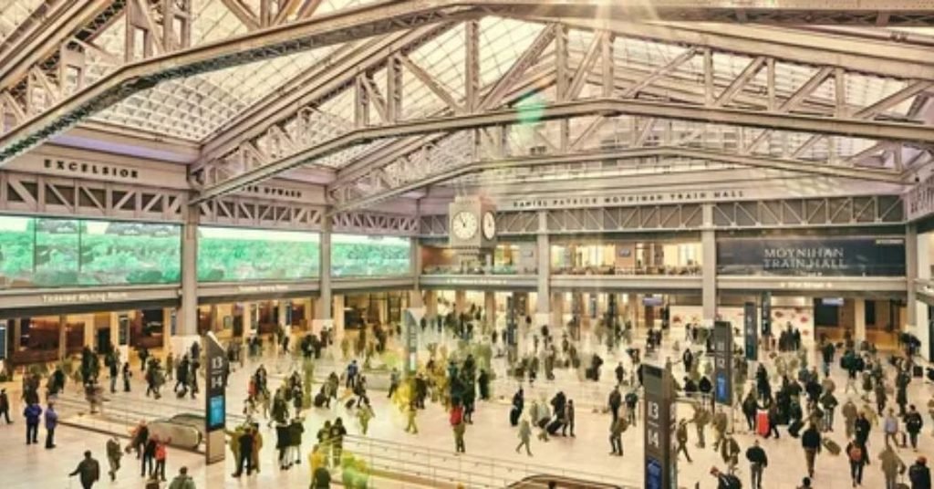 Spacious interior concourse of Moynihan Train Hall at Penn Station in New York City