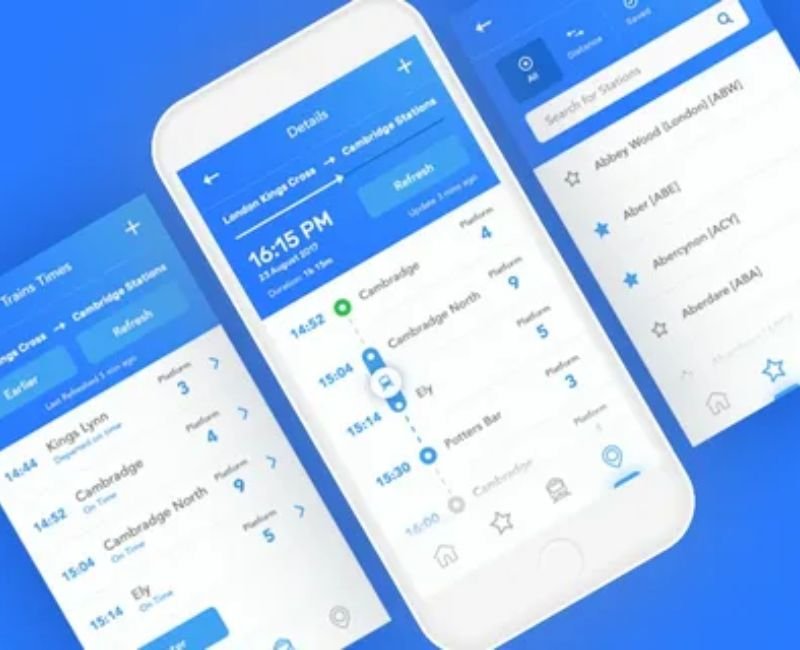 app trani interface showing train schedules booking options and route details