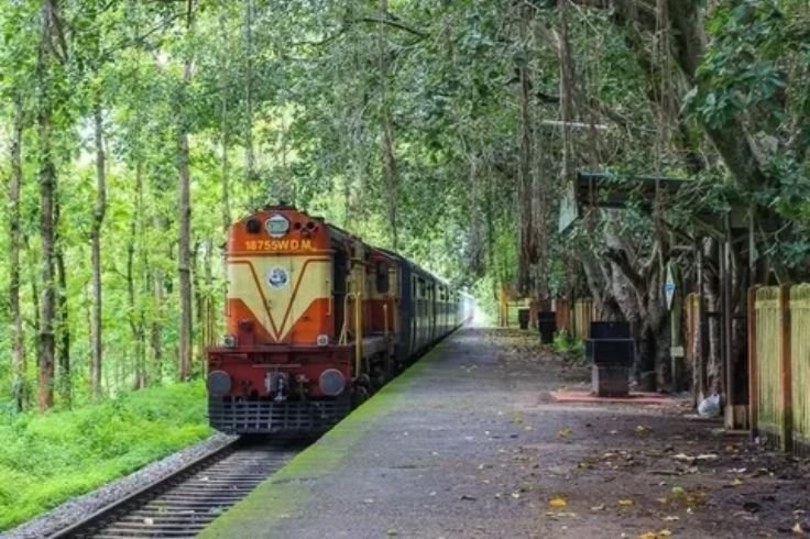 Relaxed passenger resting inside a train while traveling with car on rail