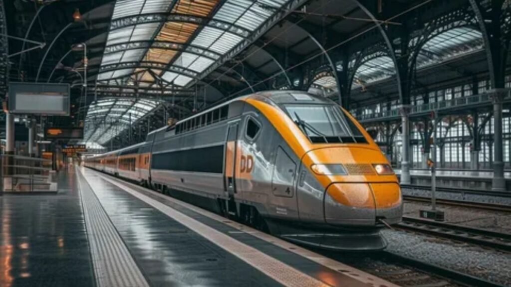 Modern passenger train on tracks for train schedule planning.