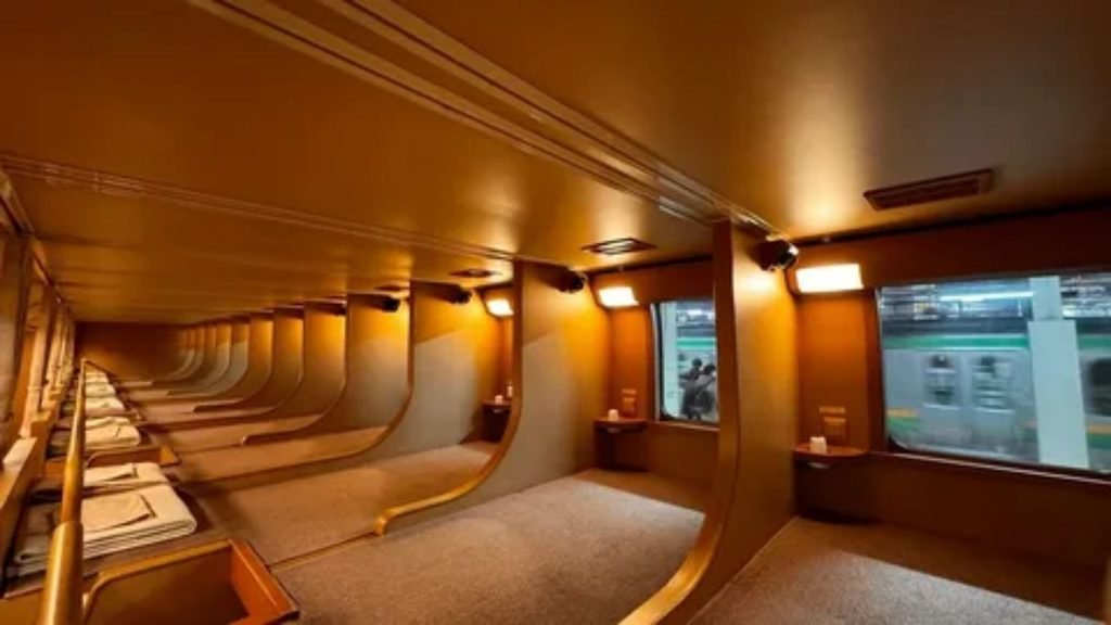Traveler relaxing comfortably with a laptop in a spacious train cabin