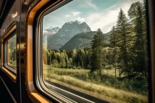 Scenic cross-country passenger train moving through countryside landscapes