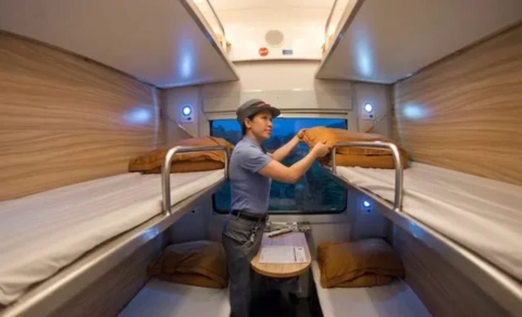 Comfortable sleeper cabin berth on a European night train