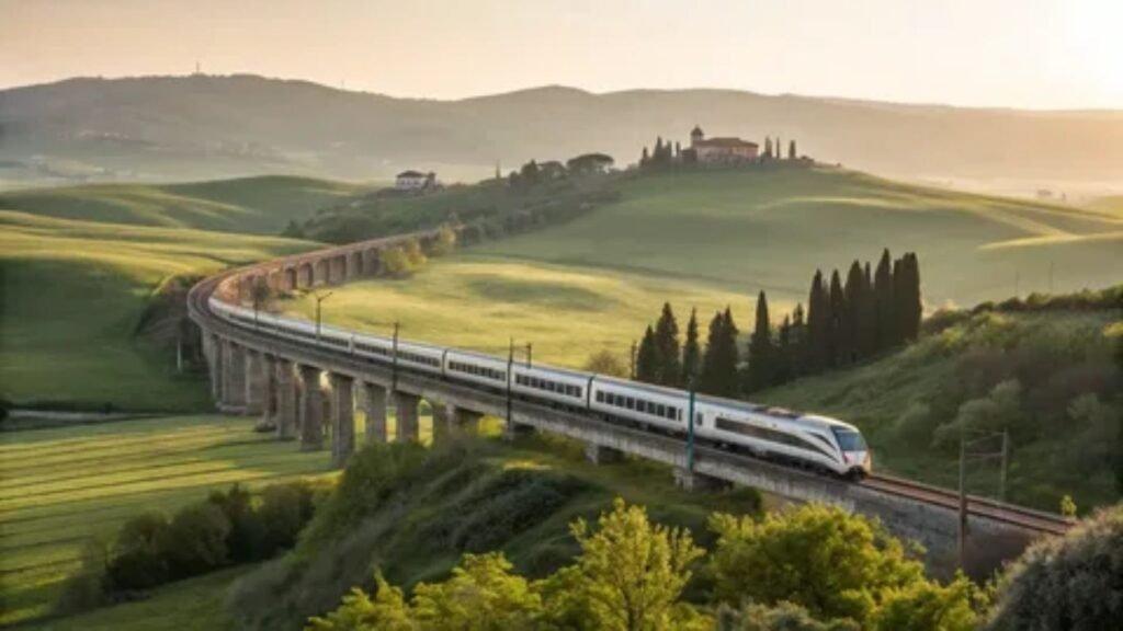 Red high-speed Frecciarossa train travelling through scenic Italian countryside