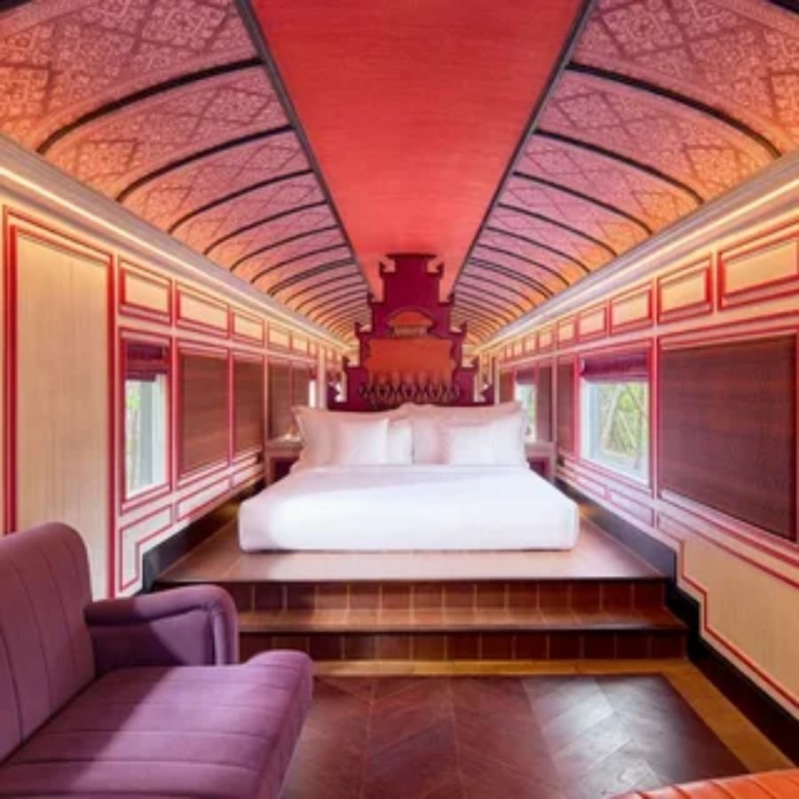 Comfortable luxury train interior with dining area for a family train vacation.