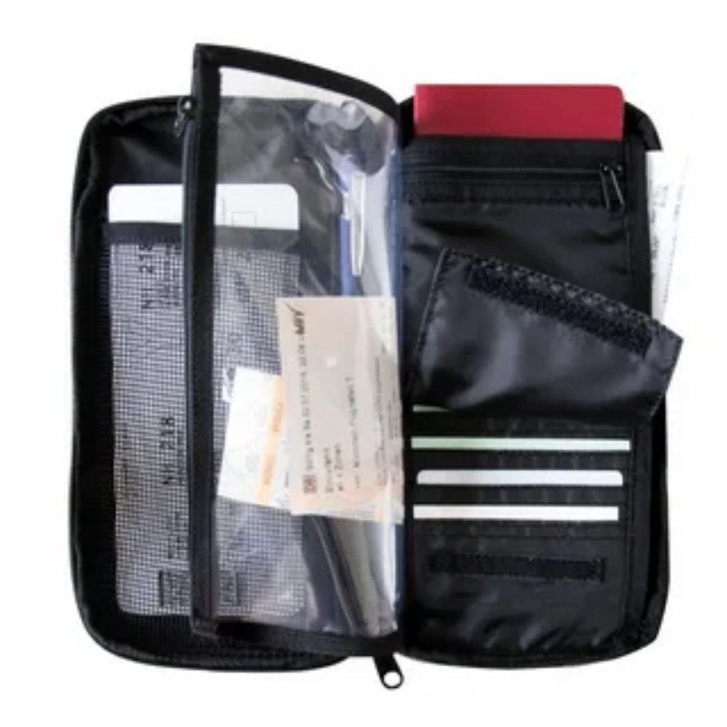 Essential travel packing items for a long distance railroad vacation including bag and electronics.
