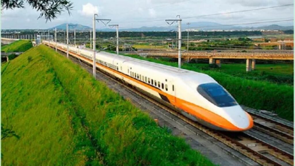 Modern high-speed bullet train speeding along a scenic railway track