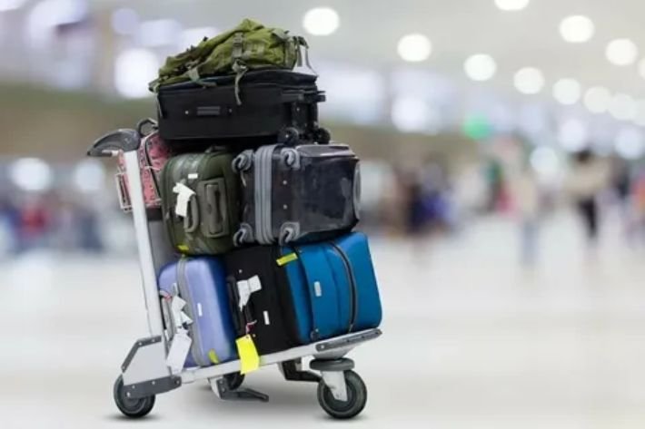Traveler with luggage and train ticket planning a railway tour journey