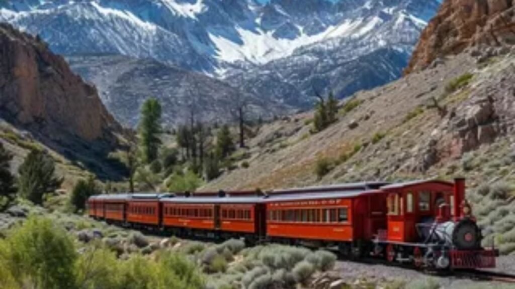 Scenic train journey through green mountain valley