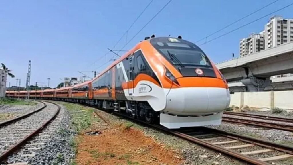 Modern sleeper train traveling through scenic countryside at sunset