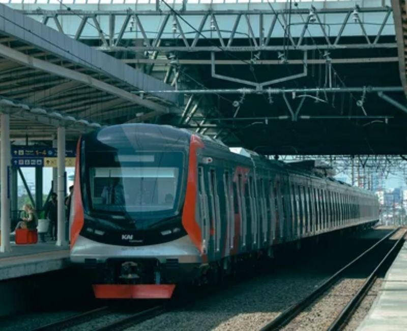 Different types of passenger trains at a railway network.