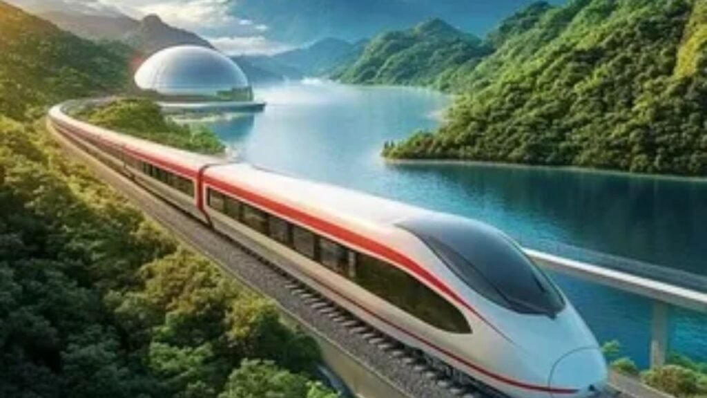 Modern high-speed passenger train traveling on railway tracks.