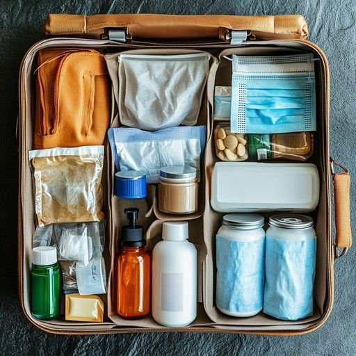 Essential items packed in a small travel bag for a long cross country train journey
