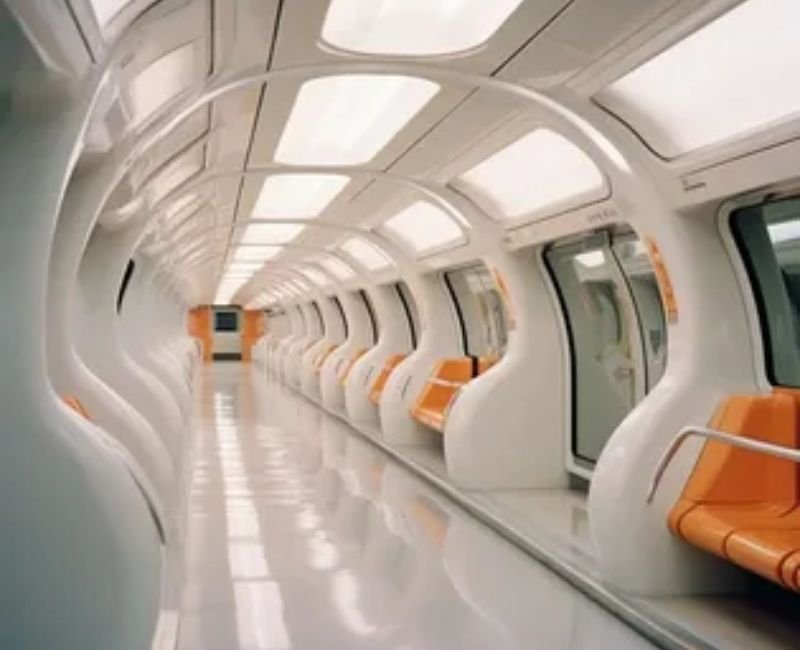 Futuristic electric transport train operating on modern automated railway system.