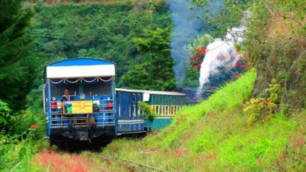 Scenic mountain train journey passing through forests and countryside