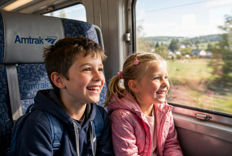 Excited children in festive pajamas looking out the window on a Christmas train ride in North Carolina