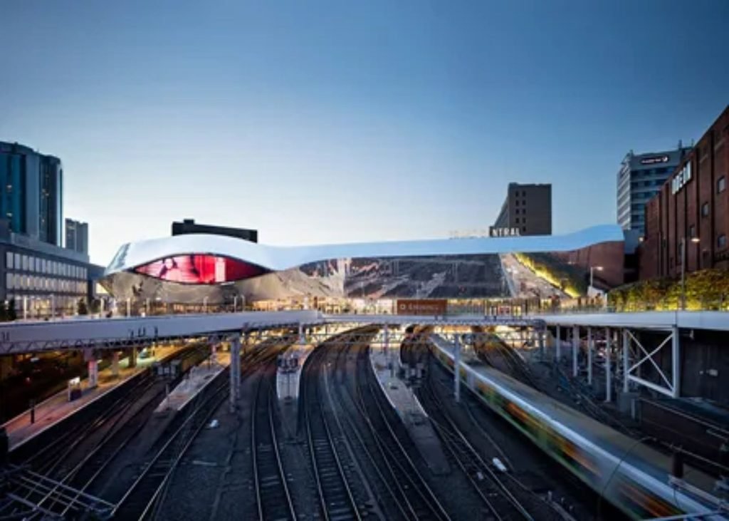 Modern exterior of Birmingham New Street station and Grand Central shopping complex