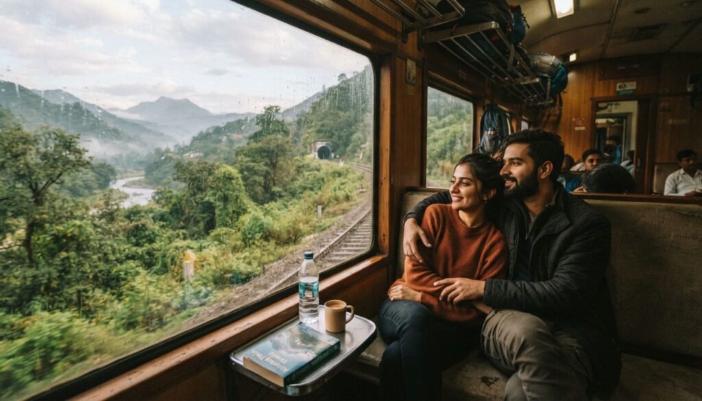 A romantic couple enjoying scenic views from a train window on a scenic railway journey