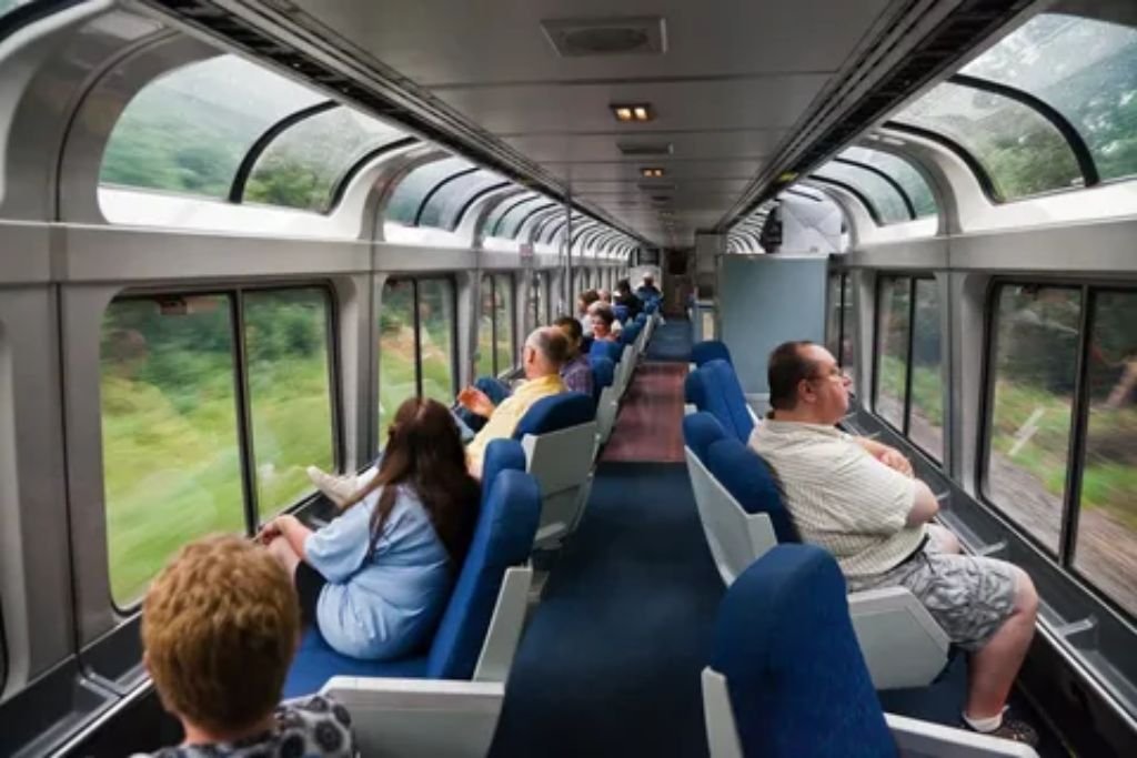 California Zephyr train passing through river canyons and mountains in the US