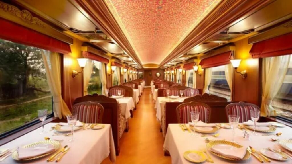 Luxurious passenger cabin dining room inside Maharajas Express train India