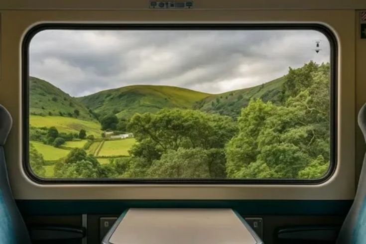 Passenger relaxing by window seat inside a modern train from London to Scotland with scenic view outside