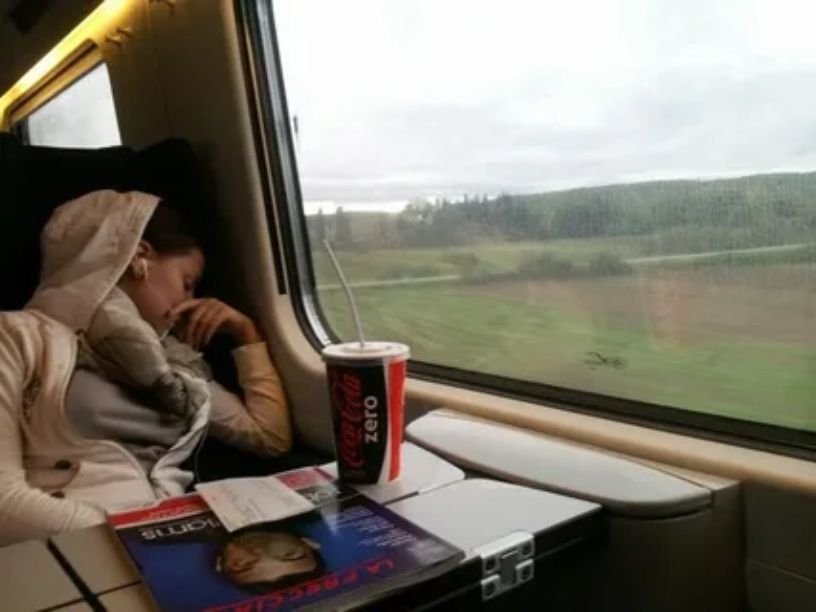 A cozy, close-up photograph of a traveler looking at a travel journal and map on a train table, with a clear view of snowy mountains reflected in the window outside.