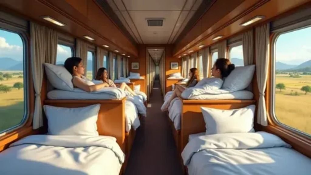 Scenic view of an overnight sleeper train traveling along tracks at twilight