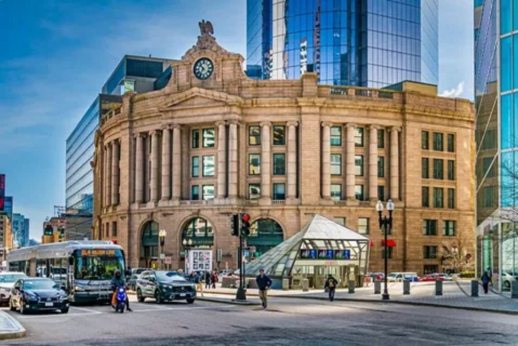 Boston South Station entrance and transit hub in downtown Boston