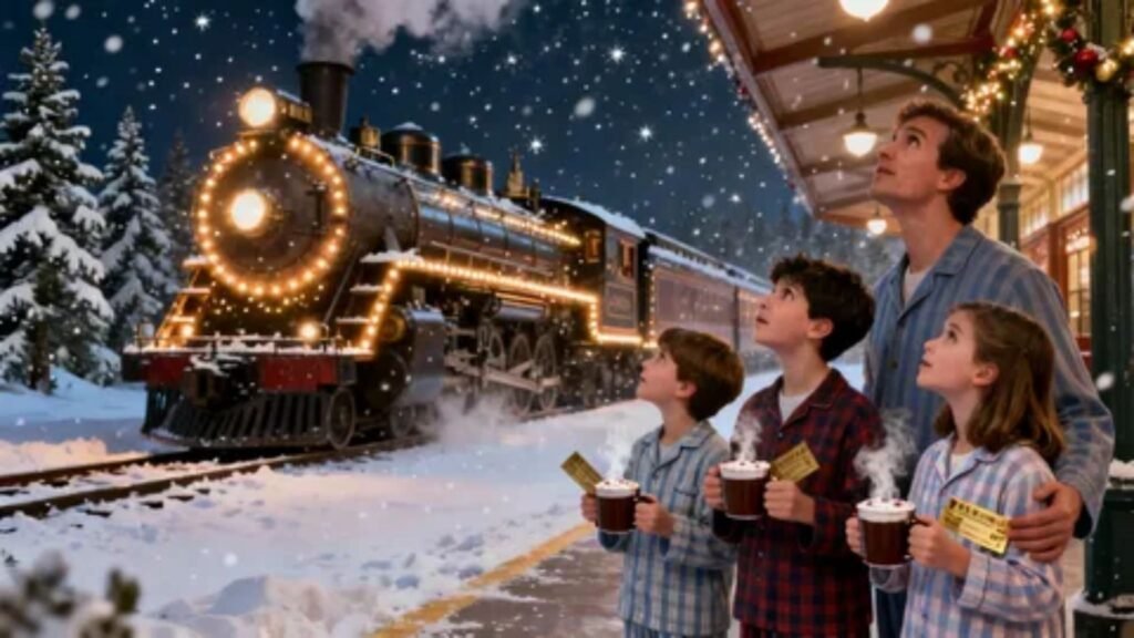 Polar Express Train Ride NC with a festive Christmas train decorated with holiday lights for a family winter adventure.