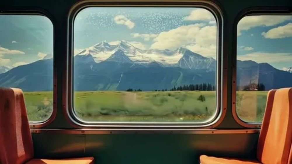 Scenic view of mountains and landscape seen from a train window during a Western rail trip