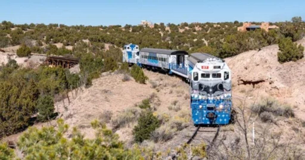 Scenic train traveling through the American West during a train vacation